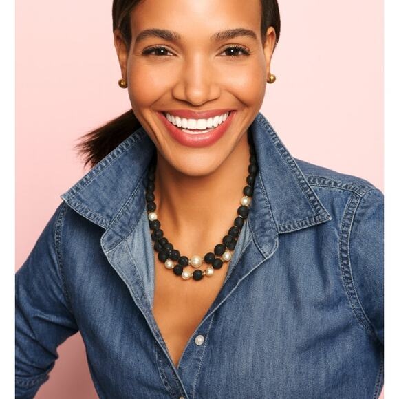 Talbots Navy Bead Faux Pearl Double Strand Statement Necklace Elegant Jewelry - Picture 1 of 8